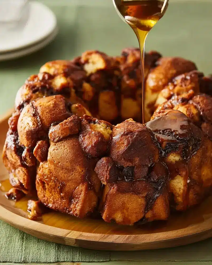 Best Monkey Bread 3 Pouring caramel mixture over dough balls in a bundt pan