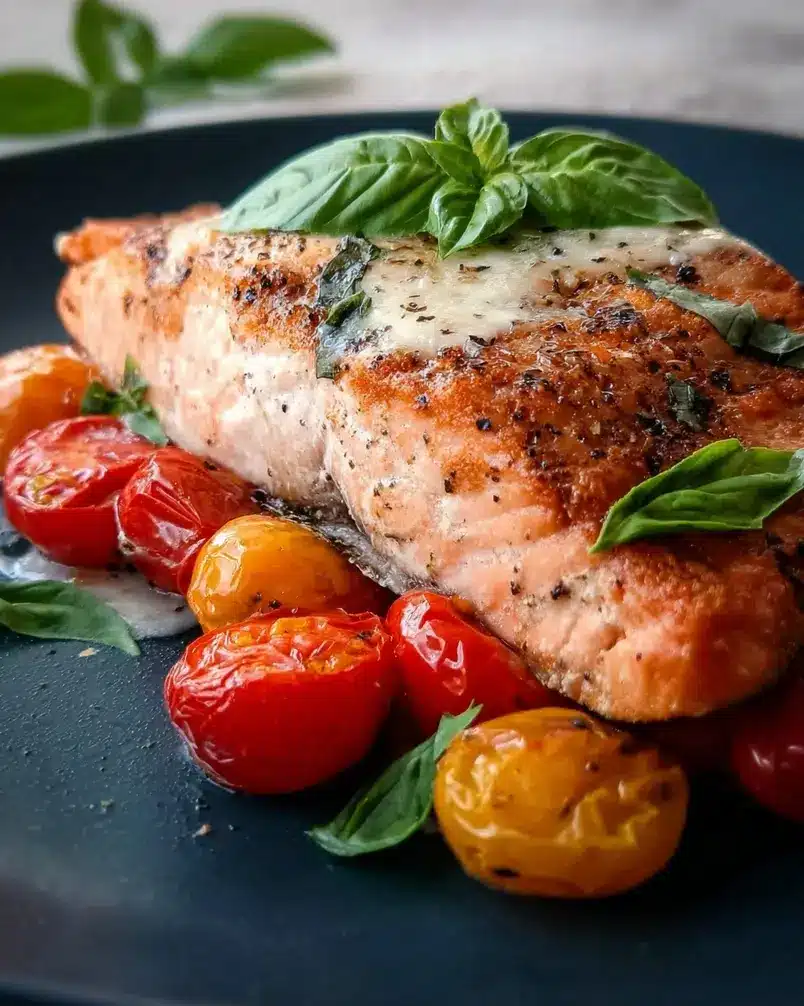 Tomato Basil Salmon 3 Salmon fillets cooking in a skillet with tomatoes and basil