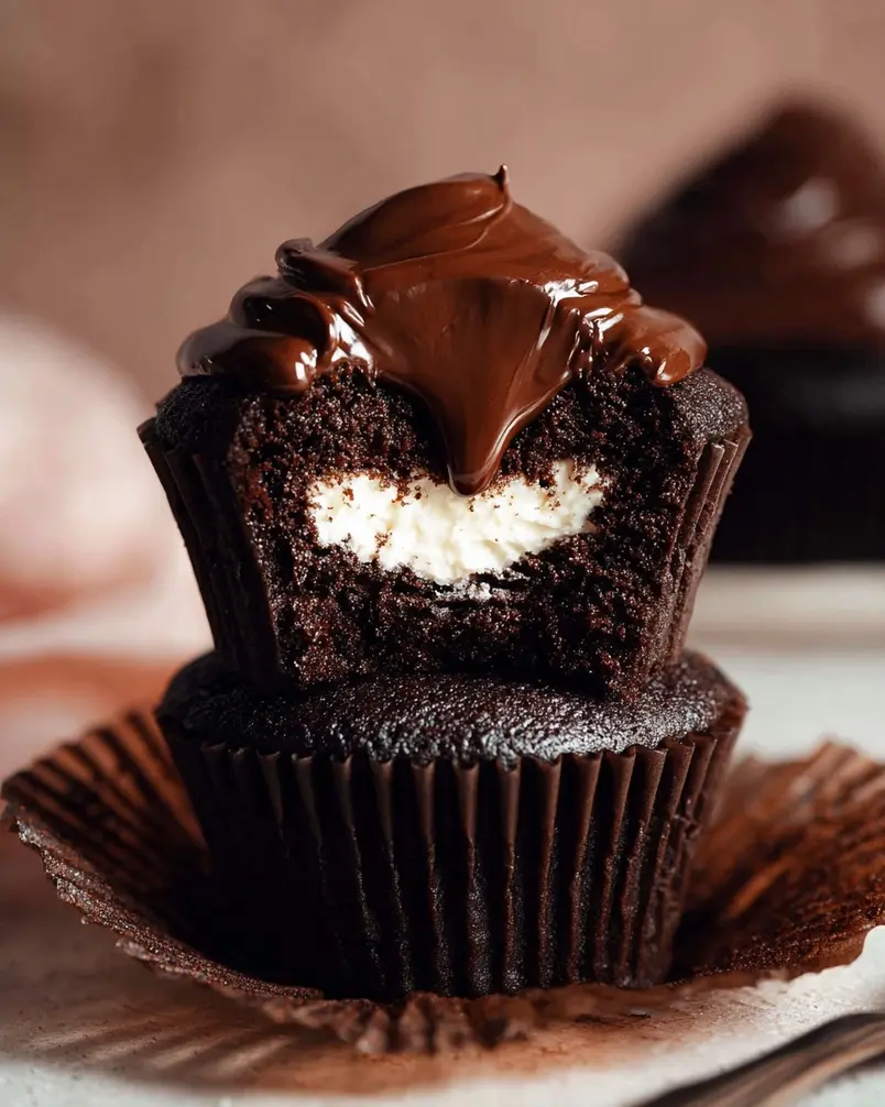 Whipped Cream-Filled Chocolate Cupcakes With Chocolate Ganache Frosting 3 A baker carefully scores the top of a chocolate cupcake to make room for the whipped cream filling.