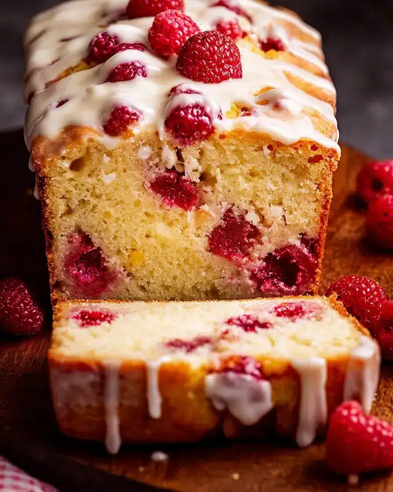 Glazed White Chocolate Raspberry Loaf 3 A golden-brown glazed white chocolate raspberry loaf cooling on a wire rack.