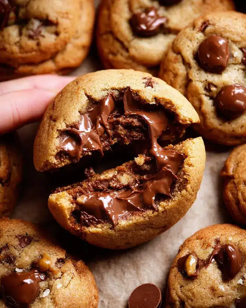Nutella Stuffed Cookies 3 Dough balls with Nutella centers being placed on a baking sheet