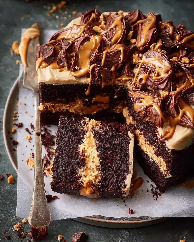 Chocolate Peanut Butter Cake for a crowd 3 Two chocolate cake layers cooling on a wire rack, ready for frosting.