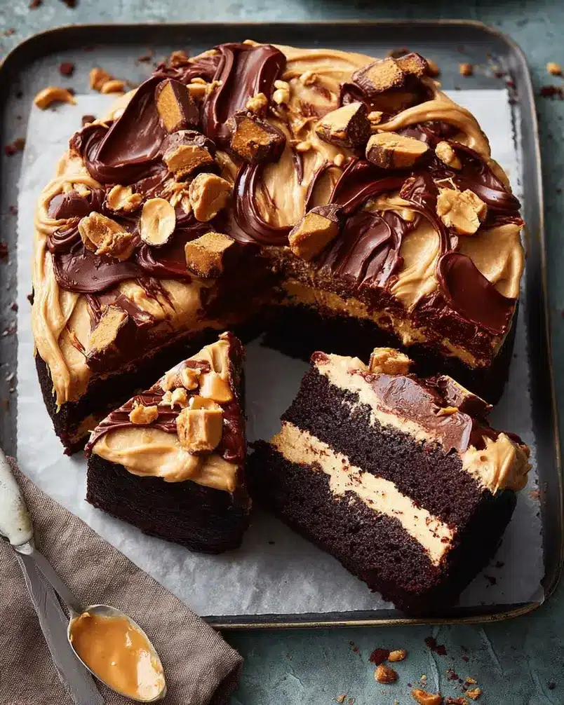 Chocolate Peanut Butter Cake for a crowd 2 Close-up of chocolate peanut butter cake batter being poured into a baking pan, with rich cocoa swirls visible.