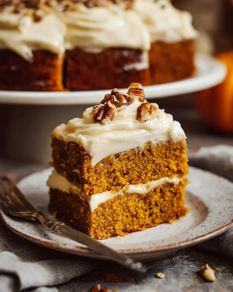 Pumpkin Cake with Cream Cheese Frosting 3 A close-up shot of batter being poured into a baking pan for pumpkin cake.
