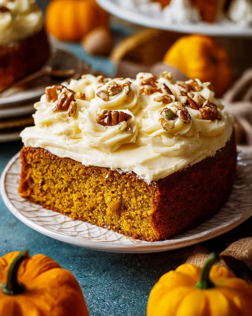 Pumpkin Cake with Cream Cheese Frosting 2 Ingredients for pumpkin cake with cream cheese frosting laid out on a rustic wooden table, including pumpkin puree, flour, spices, and cream cheese.