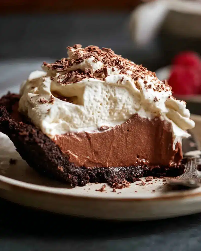 Chocolate Cream Pie 3 Whisking together the chocolate filling ingredients in a saucepan over medium heat, creating a smooth, glossy mixture.