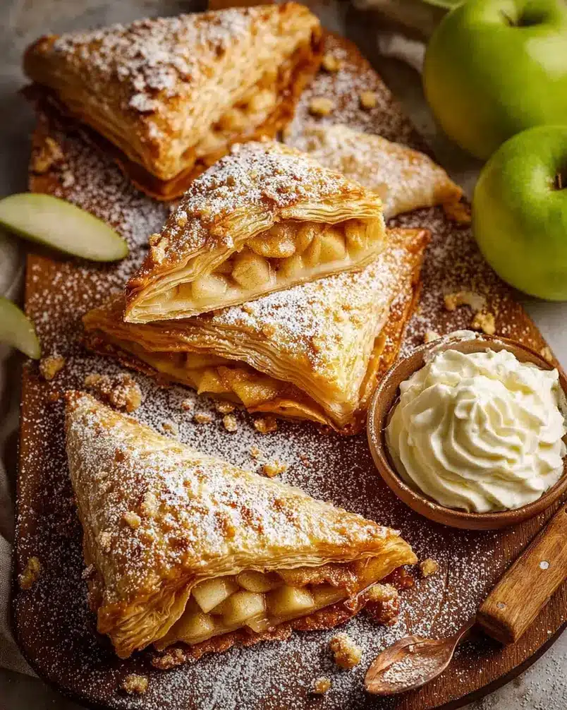 Apple Turnovers – with cream filled option 3 Apple turnovers baking on a baking sheet in an oven