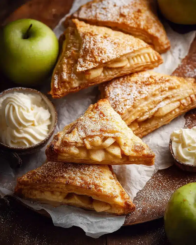 Apple Turnovers – with cream filled option 2 Close-up of flaky apple turnover dough being folded with a spiced apple filling