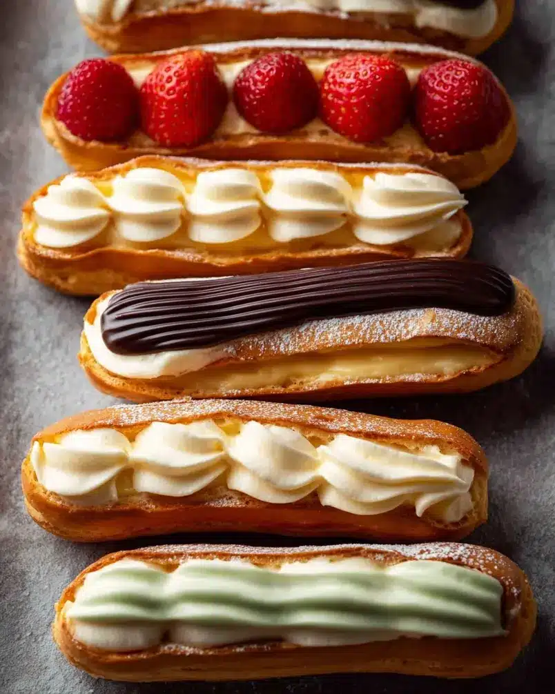 Éclairs 3 Piping choux pastry into long, even shapes on a baking sheet