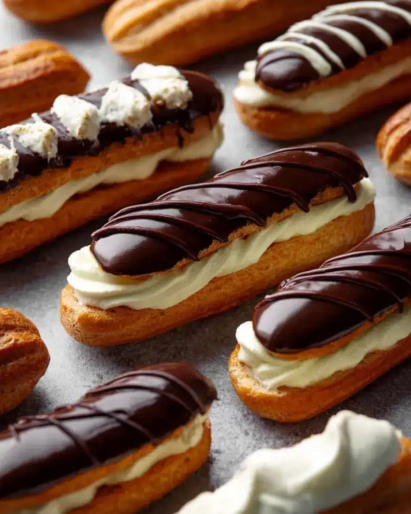 Éclairs 2 A beautifully arranged plate of chocolate eclairs with fresh berries