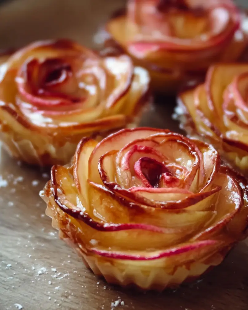 Baked Apple Roses 3 Baked apple roses in a muffin tin, glistening with glaze