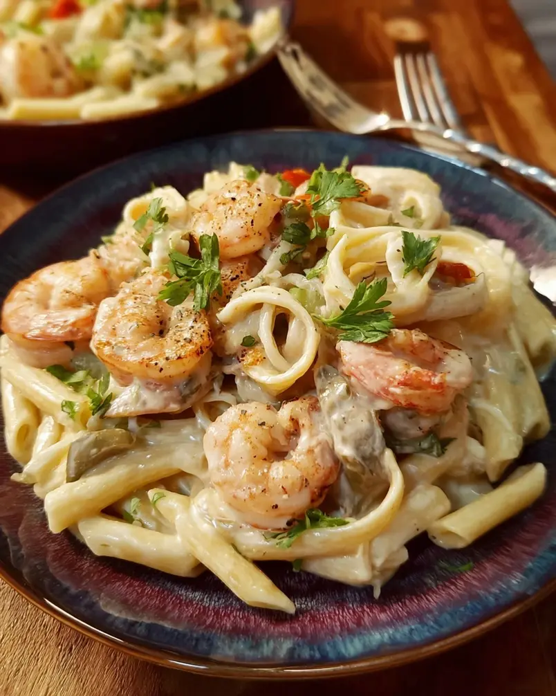 Peppered Shrimp Alfredo 3 Sizzling shrimp in a pan, coated with pepper, before being added to the Alfredo sauce.