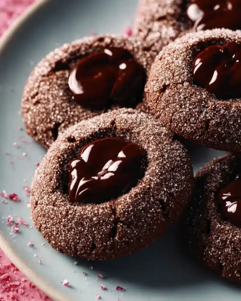 Double-Chocolate Thumbprint Cookies 2 Melted chocolate drizzled over double-chocolate thumbprint cookies