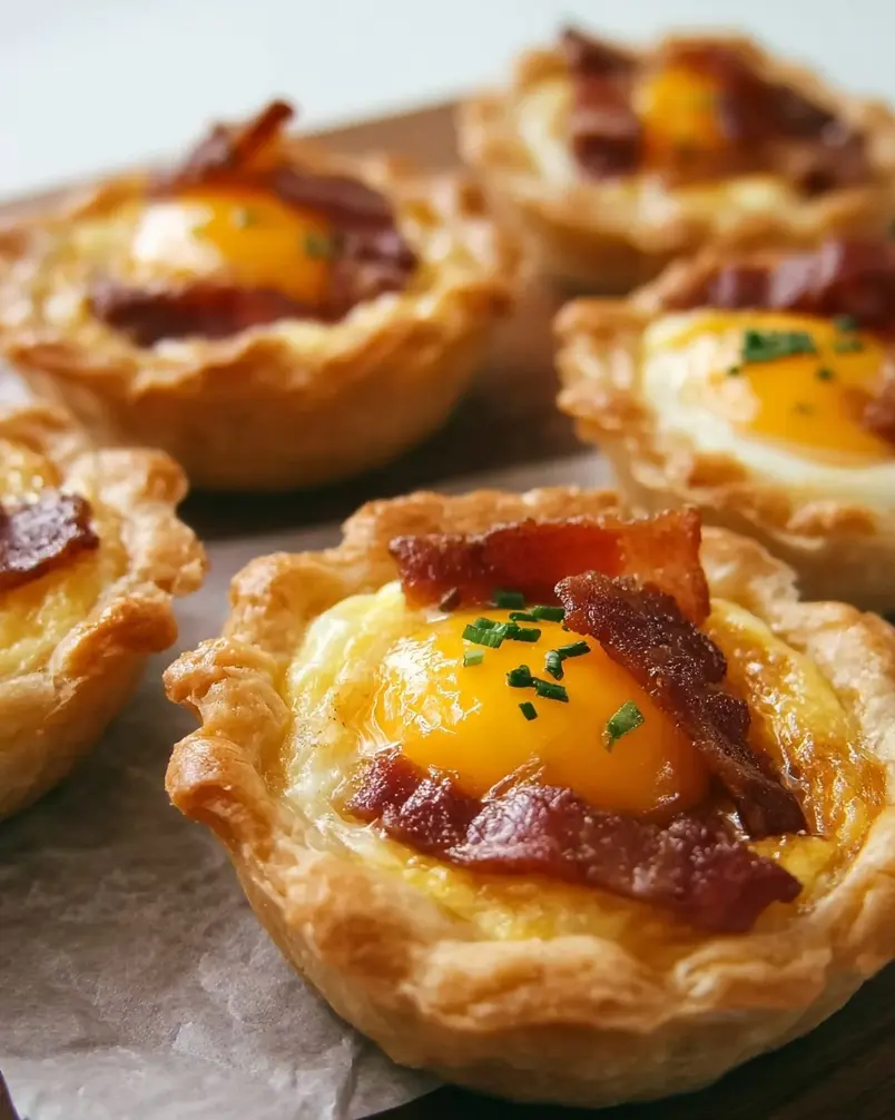 Bacon and Egg Breakfast Tarts 2 Ingredients for Bacon and Egg Breakfast Tarts laid out, including eggs, bacon, pastry, and seasonings.