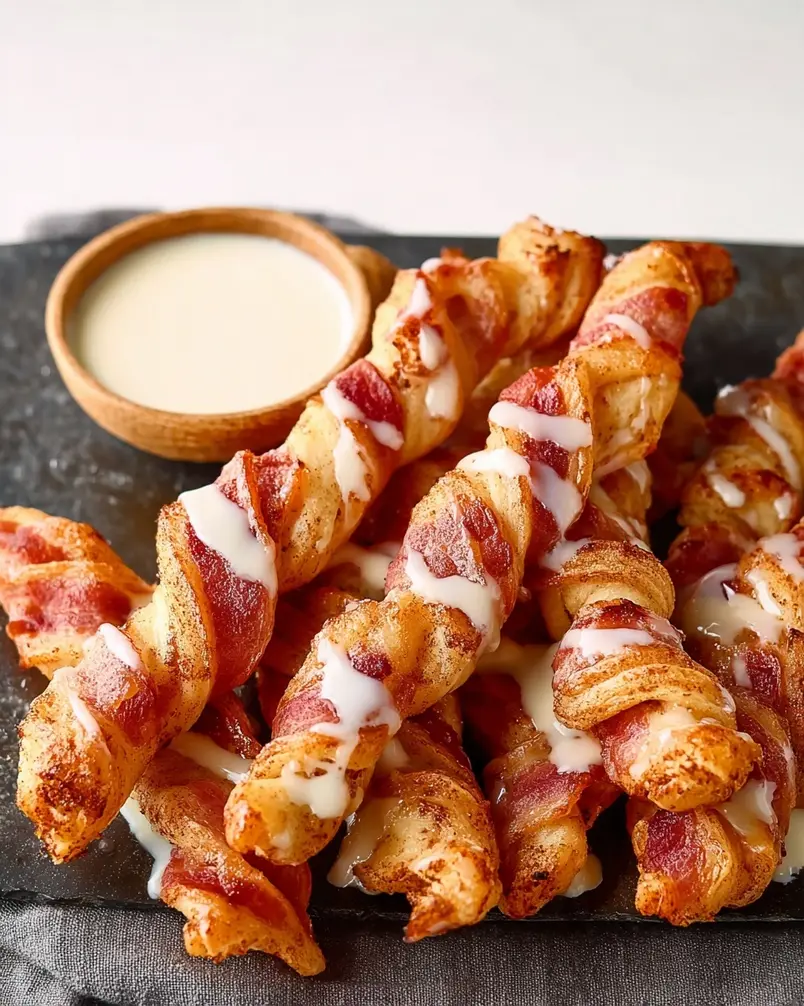 Cinnamon Roll Bacon Twists 3 Baking sheet filled with golden brown cinnamon roll bacon twists
