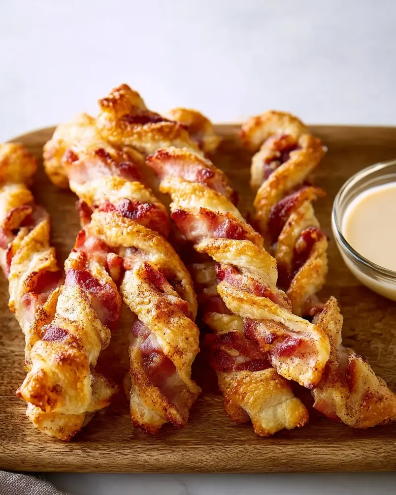 Cinnamon Roll Bacon Twists 2 Close-up of cinnamon roll bacon twists being rolled with dough and bacon