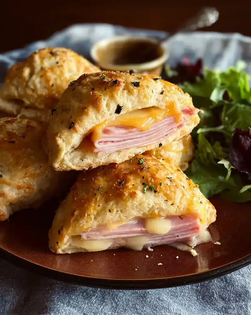 Easy Ham and Cheese Biscuits 3 Golden brown biscuits cooling on a wire rack