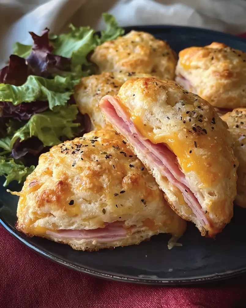 Easy Ham and Cheese Biscuits 2 Close-up of raw biscuit dough with chunks of ham and cheese before baking
