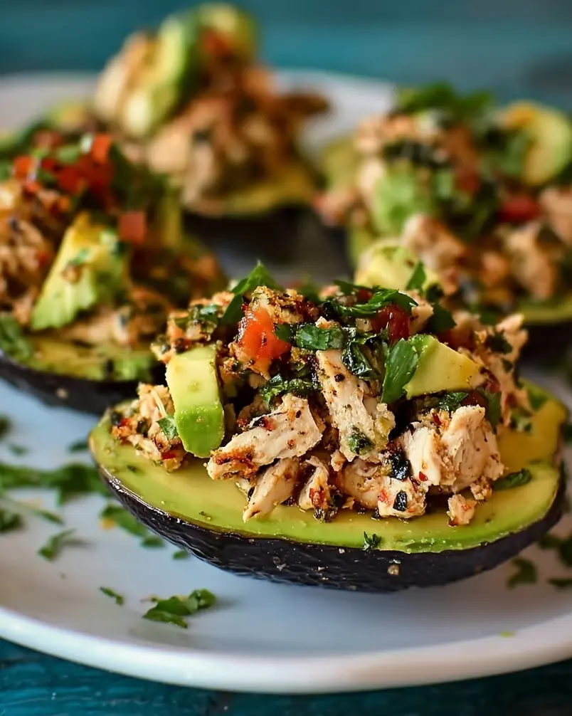 Mexi-Chicken Avocado Cups 3 A close-up of cooked chicken being diced on a wooden cutting board, with a sprinkle of chili powder and cumin already visible on the pieces. Steam is gently rising from the chicken, indicating its freshness and juiciness.
