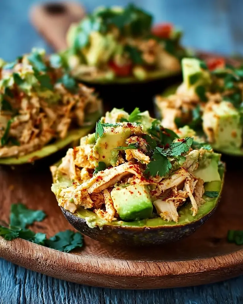 Mexi-Chicken Avocado Cups 2 A top-down view of raw ingredients for Mexi-Chicken Avocado Cups laid out on a wooden cutting board, including chicken breast, avocados, corn, black beans, red onion, cilantro, and lime wedges. Each ingredient is neatly arranged, hinting at the organized preparation ahead.