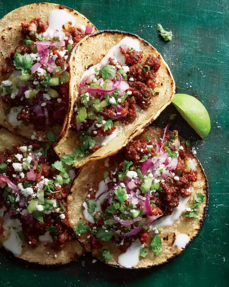 Easy Chorizo Street Tacos 3 Chorizo cooking in a skillet with onions and spices, releasing aromatic steam.