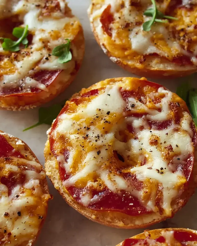 Easy Mini Bagel Pizzas 2 Mini bagel pizzas being assembled with sauce, cheese, and toppings.