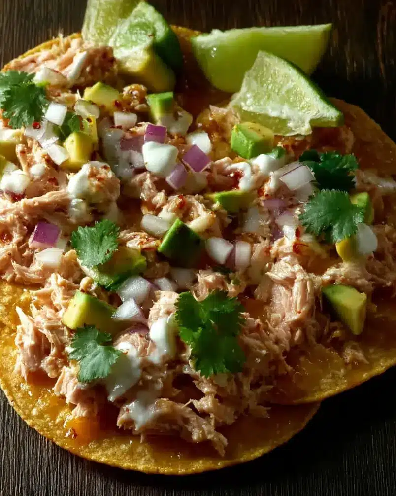 Tuna Tostadas 2 Close-up of fresh tuna and colourful toppings being prepared for tuna tostadas.