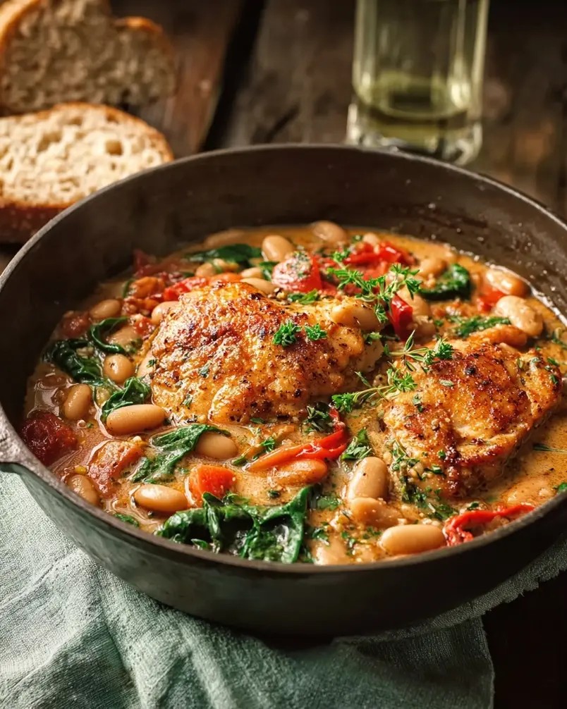 Skillet Chicken and White Bean Stew 3 A bubbling skillet of chicken and white bean stew with visible chunks of chicken and beans.