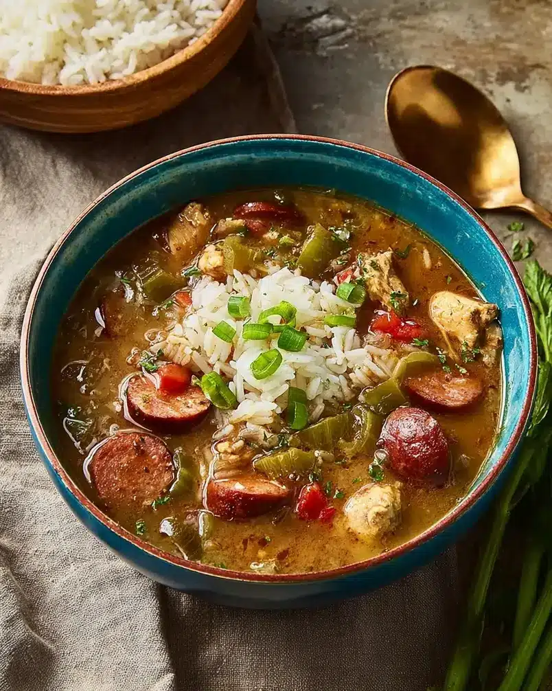 Chicken and Andouille Gumbo 3 A chef stirring a dark roux in a pot for gumbo