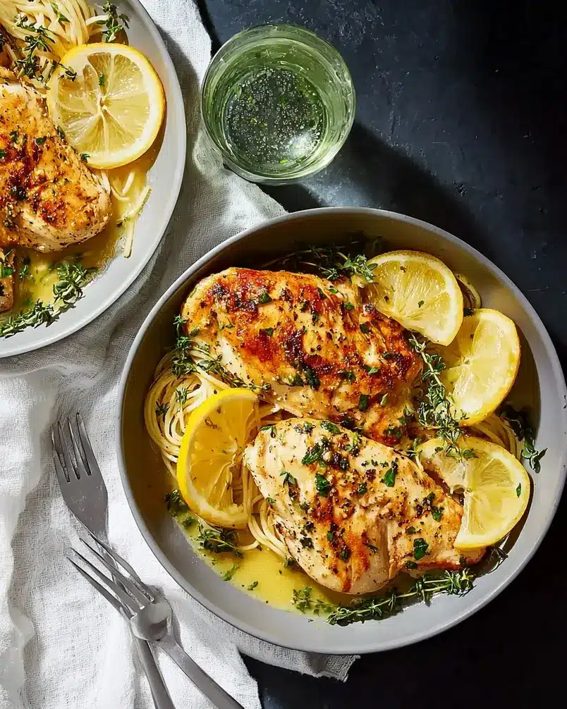 Simple Lemon Herb Chicken 3 Chicken breasts sizzling in a pan with lemon and herbs.