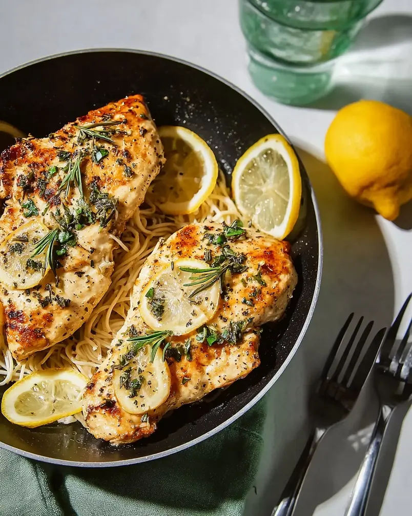 Simple Lemon Herb Chicken 2 Prep work for simple lemon herb chicken, showing fresh herbs and lemon slices.