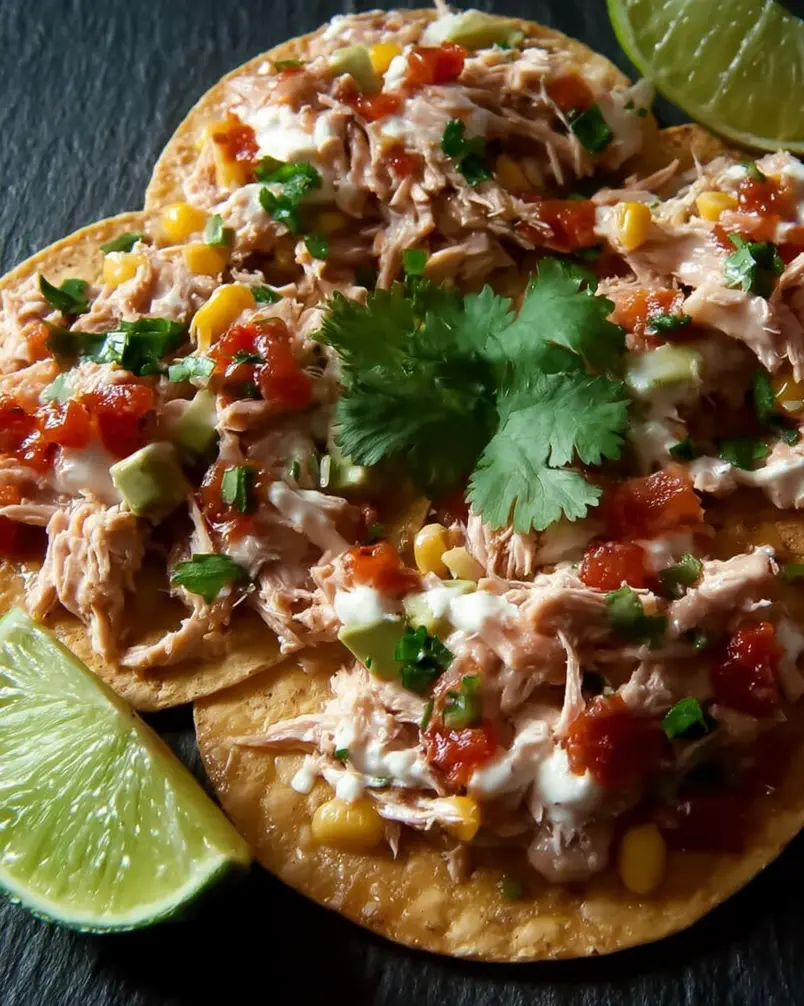 Tuna Tostadas 2 Fresh ingredients for tuna tostadas laid out on a table, including canned tuna, corn, bell peppers, cilantro, and lime wedges.