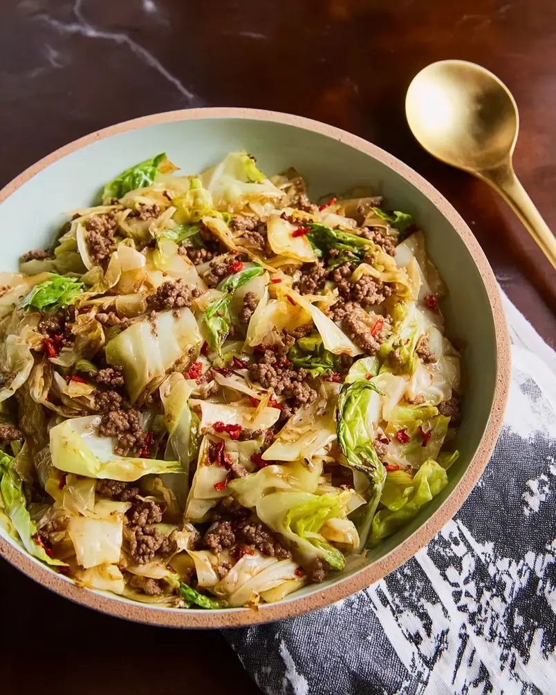 Ground Beef and Cabbage 3 Sizzling ground beef and cabbage mixture in a skillet during the cooking process.