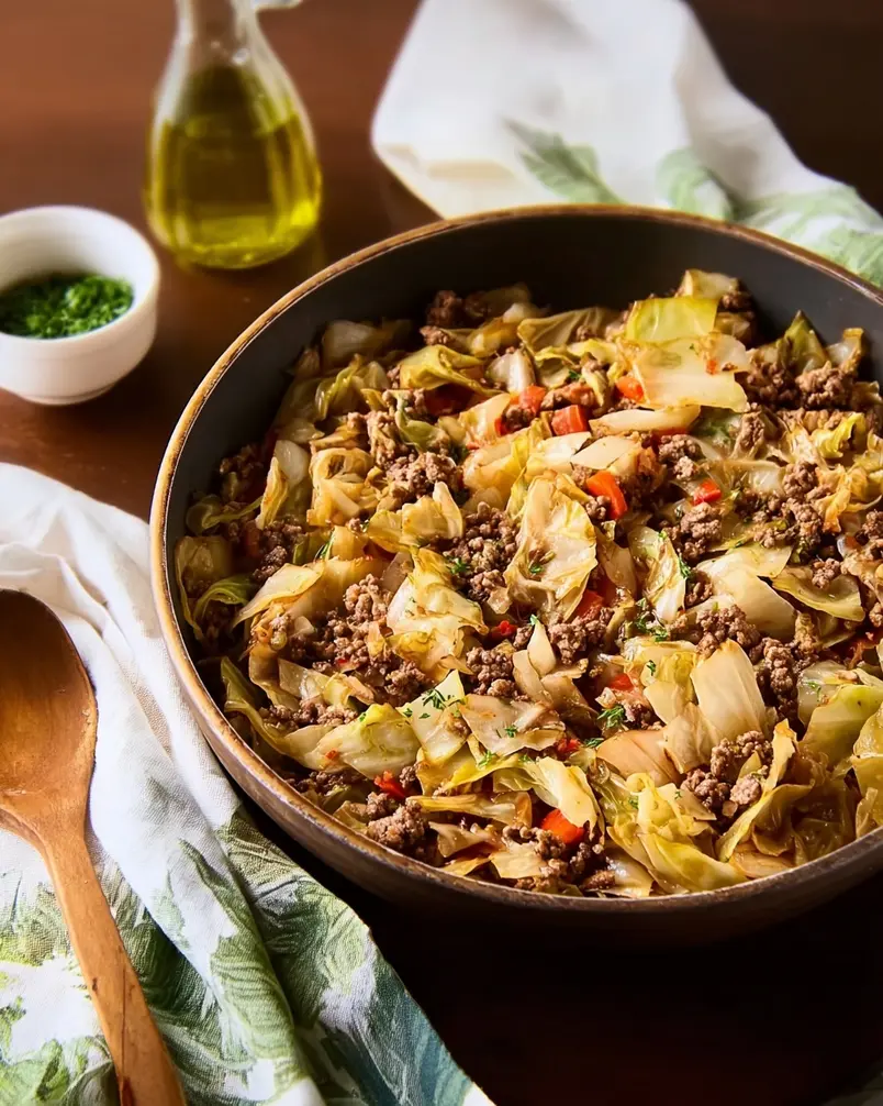 Ground Beef and Cabbage 2 Fresh ingredients for ground beef and cabbage dish, including ground beef, chopped cabbage, onions, and spices, ready for preparation.