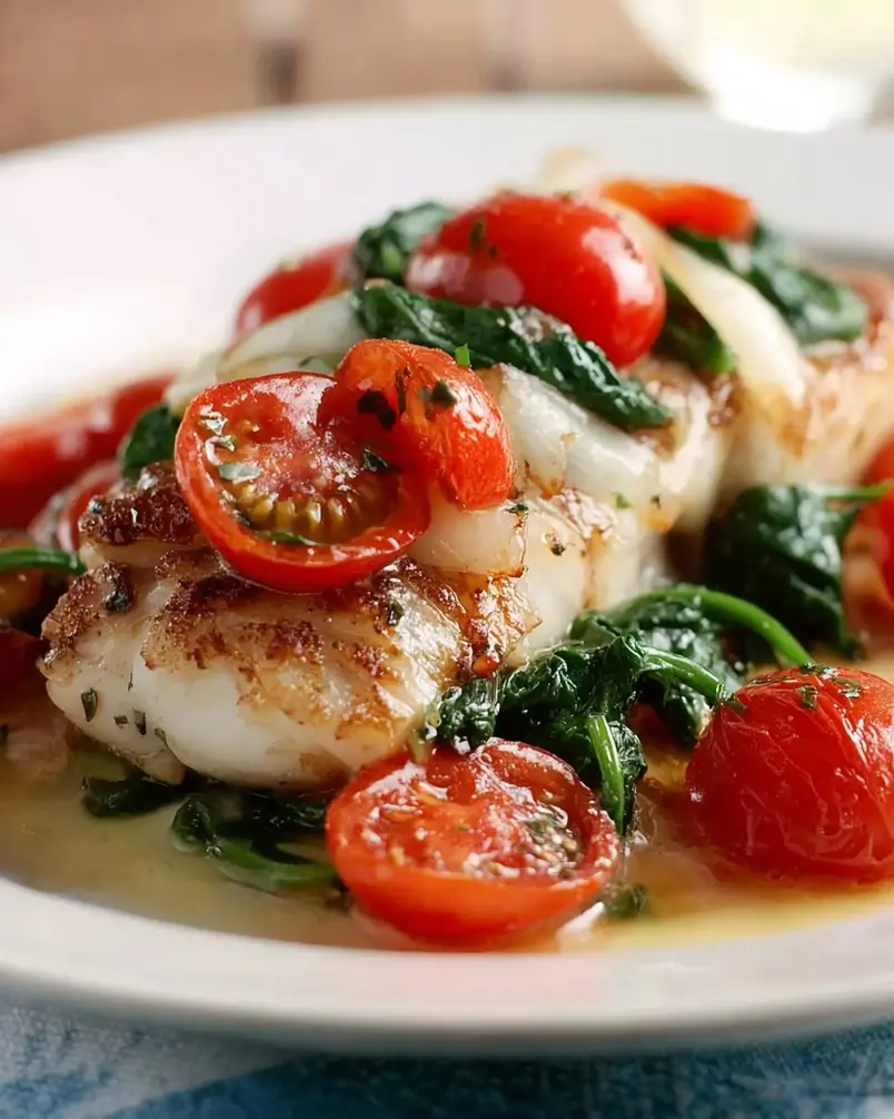 Grilled Cod with Spinach and Tomatoes 3 Cod fillets cooking on a grill with spinach and tomatoes