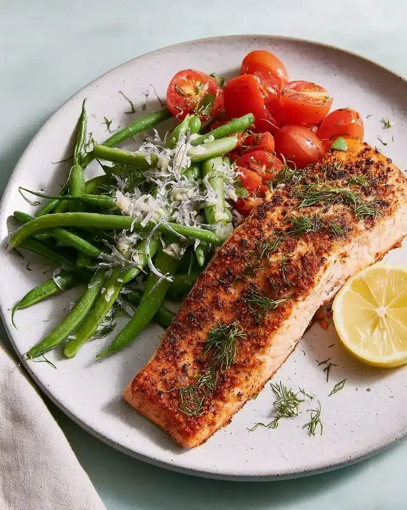 Easy 5-Ingredient Salmon 3 Salmon fillets cooking in a pan with lemon and garlic