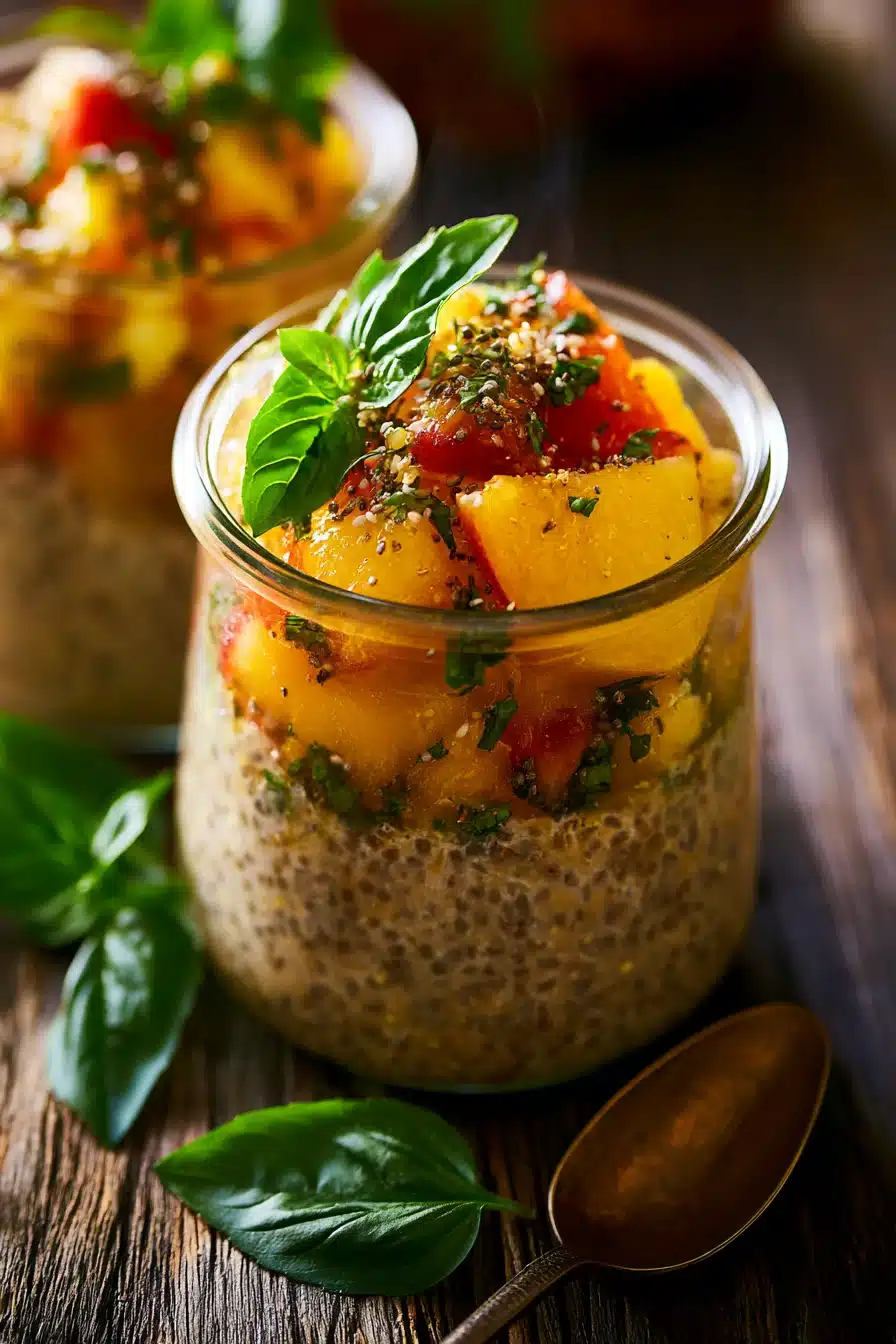 Peach Basil Chia Pudding 2 Peach Basil Chia Pudding in a glass jar with fresh peach slices and basil leaves