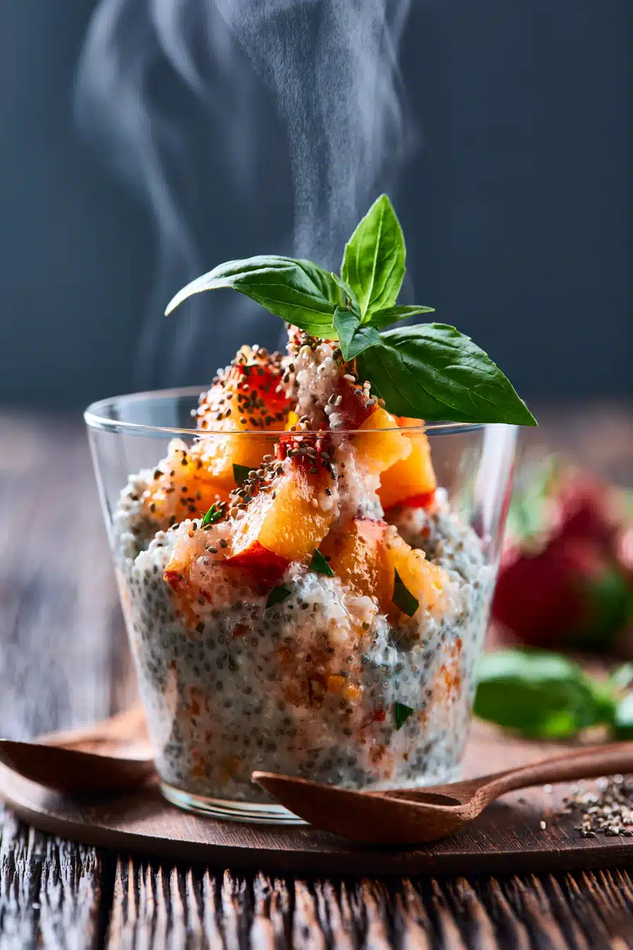 Peach Basil Chia Pudding 3 Mixing chia seeds with almond milk in a bowl for Peach Basil Chia Pudding